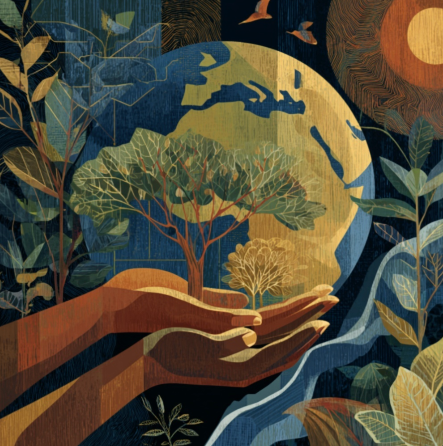 Hands holding a flourishing Earth within the living world